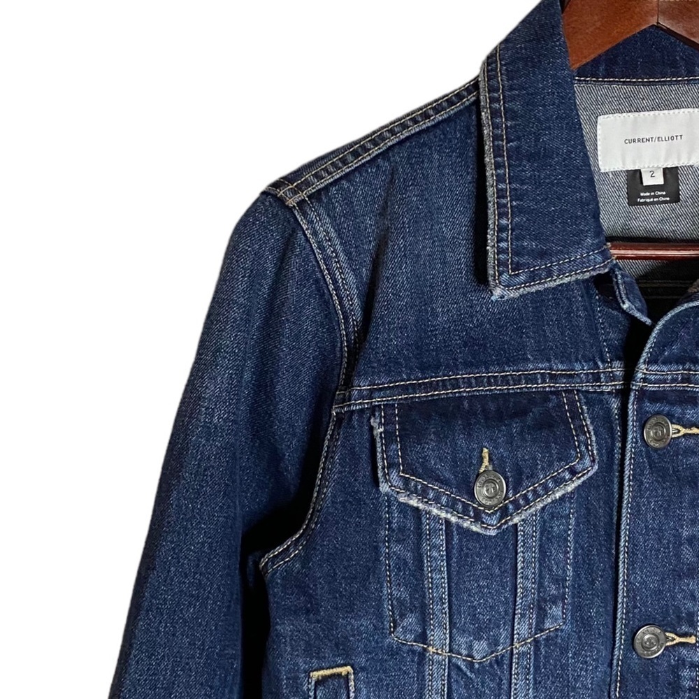 Current/Elliott Baby Trucker Jacket Denim Distressed Dark Blue Wash Cropped 2 - Picture 6 of 16